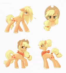 Size: 1500x1670 | Tagged: safe, artist:scheadar, derpibooru import, applejack, earth pony, pony, g4, clothes, concave belly, cowboy hat, female, hair bun, hat, hatless, mare, missing accessory, scarf, simple background, solo