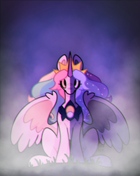 Size: 2000x2500 | Tagged: safe, artist:lionbun, derpibooru import, princess celestia, princess luna, alicorn, pony, g4, fusion, goddess, redesign