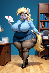 Size: 768x1152 | Tagged: safe, ai content, derpibooru exclusive, derpibooru import, generator:stable diffusion, machine learning generated, derpy hooves, anthro, series:office ponies, g4, aderpose, bbw, big breasts, blushing, breasts, chubby, clothes, curvy, derpy loaves, fat, female, hourglass figure, prompter:professordoctorc, skirt, solo, stockings, thigh highs, thighs, thunder thighs, wide hips