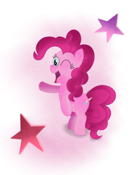 Size: 1459x1906 | Tagged: safe, artist:toonrandy, derpibooru import, pinkie pie, earth pony, pony, g4, female, gradient background, one eye closed, open mouth, open smile, smiling, solo, stars