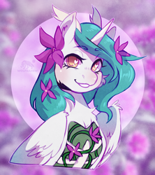 Size: 1136x1280 | Tagged: safe, artist:wolfiebane, derpibooru import, oc, oc only, alicorn, pony, alicorn oc, bone, bust, ear fluff, ears, flower, flower in hair, heart, heart eyes, horn, looking at you, plant, ribcage, smiling, solo, wingding eyes, wings