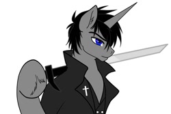 Size: 1500x1000 | Tagged: safe, artist:ruchiyoto, derpibooru import, oc, oc only, oc:black cross, pony, unicorn, horn, male, raised hoof, raised leg, simple background, solo, stallion, sword, weapon, white background