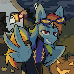 Size: 2048x2048 | Tagged: safe, artist:crashbrush, derpibooru import, rainbow dash, pegasus, pony, g4, luna eclipsed, clothes, costume, ear fluff, ears, feathered wings, female, garland, halloween, halloween costume, holiday, jack-o-lantern, looking at you, mare, mlp fim's fourteenth anniversary, multicolored hair, outdoors, pumpkin, shadowbolts costume, smiling, smiling at you, solo, wing gesture, wings