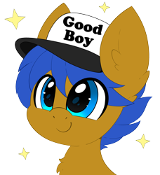 Size: 2436x2674 | Tagged: safe, artist:pegamutt, derpibooru import, oc, oc only, oc:crushingvictory, pegasus, pony, blue eyes, bust, chest fluff, commission, cute, ear fluff, ears, good boy, happy, hat, male, simple background, smiling, solo, transparent background, ych result