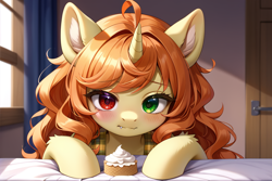 Size: 1080x720 | Tagged: source needed, safe, ai content, derpibooru import, machine learning generated, oc, oc only, oc:moyle star, pony, unicorn, heterochromia, horn, prompter needed, scone, solo