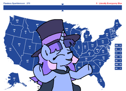 Size: 1326x953 | Tagged: safe, artist:kleyime, derpibooru import, oc, oc only, oc:flawless sparklemoon, pony, unicorn, cape, clothes, election, fusion, fusion:trixie, fusion:twilight sparkle, fusion:twixie, hat, horn, jeb bush, map, meme, my little pony the movie: the death of twilight sparkle, raised hooves, solo, text, top hat, united states