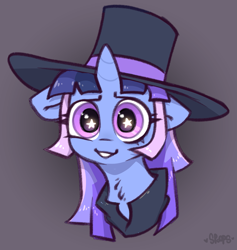 Size: 1925x2028 | Tagged: safe, artist:spoopygander, derpibooru import, oc, oc only, oc:flawless sparklemoon, pony, unicorn, cape, clothes, cute, female, fusion, fusion:trixie, fusion:twilight sparkle, fusion:twixie, hat, horn, looking at you, mare, my little pony the movie: the death of twilight sparkle, smiling, smiling at you, solo