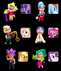 Size: 720x839 | Tagged: artist needed, safe, derpibooru import, applejack, fluttershy, pinkie pie, rainbow dash, rarity, twilight sparkle, twilight sparkle (alicorn), alicorn, pegasus, pony, unicorn, g4, bandana, bonnie (brawl stars), brawl stars, brawler, charlie, charlie (brawl stars), charlotte, charlotte (brawl stars), clothes, comparison, crossover, crown, dress, female, gown, helmet, horn, jacket, janet, janet (brawl stars), jewelry, lola, lola (brawl stars), makeup, mandy, mandy (brawl stars), mane six, mare, pants, regalia, shelly (brawl stars), shelly shotgun, shelly shotgun (brawl stars), shirt, shorts, supercell