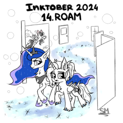 Size: 1000x1000 | Tagged: safe, artist:sunamoonmlp, derpibooru import, princess luna, oc, oc:fleurbelle, oc:sunamoon, alicorn, pony, g4, cute, dream, dream doors, dream realm, female, horn, inktober, inktober 2024, wings