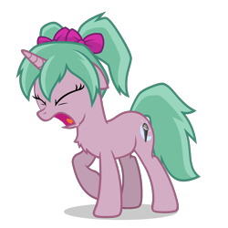 Size: 2800x2800 | Tagged: safe, artist:oblivionfall, derpibooru import, oc, oc only, oc:magicalmysticva, pony, unicorn, bow, chest fluff, ears, eyes closed, female, floppy ears, frustrated, frustration, hair bow, horn, open mouth, pigtails, pink body, pink coat, simple background, solo, teal mane, transparent background, twintails, vector