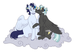 Size: 3500x2500 | Tagged: safe, artist:monnarcha, derpibooru import, soarin', thunderlane, pony, cloud, duo, duo male, floral head wreath, flower, gay, kissing, male, on a cloud, shipping, simple background, sitting, sitting on cloud, soarilane, transparent background