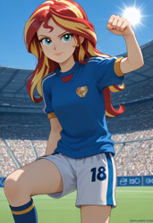 Size: 832x1216 | Tagged: safe, ai content, derpibooru import, machine learning generated, sunset shimmer, human, equestria girls, g4, clothes, crowd, female, fist, football, generator:civitai, human coloration, inazuma eleven, light skin, prompter:mardenborough, shorts, soccer field, soccer uniform, socks, sports, stadium