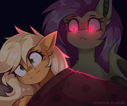 Size: 3000x2500 | Tagged: safe, artist:buvanybu, derpibooru import, applejack, fluttershy, bat pony, earth pony, pony, :<, awake, bat ponified, duo, duo female, female, flutterbat, glowing, glowing eyes, looking at someone, race swap, red eyes, scared, shrunken irises