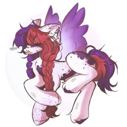 Size: 876x876 | Tagged: safe, artist:misty.mooon, derpibooru import, oc, oc only, pegasus, pony, braid, ear piercing, earring, female, flying, jewelry, mare, piercing, simple background, solo, unshorn fetlocks, white background