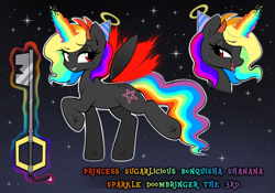 Size: 2388x1668 | Tagged: safe, derpibooru import, oc, oc:princess bonquisha, oc:princess sugarlicious bonquisha shanana sparkle doombringer the 3rd, alicorn, pony, alicorn oc, artificial wings, augmented, bipedal, colored horn, female, halo, hat, horn, horns, keyblade, kingdom hearts, lidded eyes, magic, magic wings, mare, multicolored hair, overly long name, party hat, rainbow hair, rainbow horn, rainbow tail, red eyes, red wings, reference sheet, solo, tail, weapon, wings