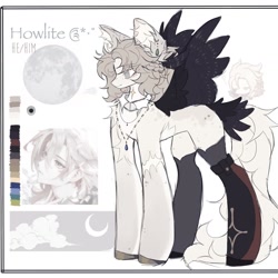 Size: 1440x1440 | Tagged: safe, artist:misty.mooon, derpibooru import, oc, oc only, oc:howlite, human, pegasus, clothes, ear fluff, ear piercing, earring, ears, howl, howl's moving castle, jewelry, kinsona, male, necklace, piercing, reference sheet, shirtless shirt collar, socks, solo, spread wings, stallion, wings