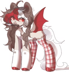 Size: 1300x1365 | Tagged: safe, artist:misty.mooon, derpibooru import, oc, oc only, bat pony, pony, clothes, female, knife, mare, mouth hold, simple background, socks, white background