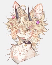 Size: 1078x1348 | Tagged: safe, alternate version, artist:misty.mooon, artist:mistymoonqwq, derpibooru import, oc, oc only, pony, abstract background, bell, bell collar, bust, chest fluff, collar, curved horn, ear piercing, earring, horn, horns, jewelry, necklace, piercing, solo