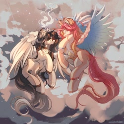 Size: 1440x1440 | Tagged: safe, artist:misty.mooon, derpibooru import, oc, oc only, oc:misty, alicorn, pegasus, pony, alicorn oc, bracelet, choker, duo, ear piercing, earring, female, flying, horn, jewelry, looking at each other, looking at someone, mare, piercing, spread wings, tongue, tongue out, wings