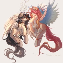 Size: 1440x1440 | Tagged: safe, alternate version, artist:misty.mooon, derpibooru import, oc, oc only, oc:misty, alicorn, pegasus, pony, alicorn oc, bracelet, choker, duo, ear piercing, earring, female, flying, horn, jewelry, looking at each other, looking at someone, mare, piercing, simple background, spread wings, tongue, tongue out, white background, wings