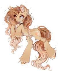 Size: 1440x1784 | Tagged: safe, alternate version, artist:misty.mooon, derpibooru import, oc, oc only, pony, unicorn, chest fluff, choker, ear piercing, earring, female, heterochromia, horn, jewelry, mare, piercing, simple background, solo, unshorn fetlocks, white background