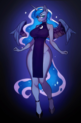 Size: 2128x3216 | Tagged: safe, artist:jrolly678, derpibooru import, princess luna, alicorn, anthro, unguligrade anthro, g4, beautisexy, breasts, clothes, dark background, dress, female, gradient background, high heels, looking at you, princess balloona, shoes, side slit, smiling, smiling at you, solo, spread wings, total sideslit, wide hips, wings