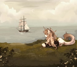 Size: 1440x1250 | Tagged: safe, artist:misty.mooon, derpibooru import, oc, oc only, cat, cat pony, hybrid, original species, pony, unicorn, boat, clothes, crescent moon, female, horn, looking at something, lying down, mare, moon, ocean, prone, ship, solo, sweater, water