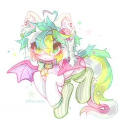 Size: 1440x1446 | Tagged: safe, artist:misty.mooon, derpibooru import, oc, oc only, bat pony, pony, braid, clothes, collar, ear fluff, ear piercing, earring, ears, eye clipping through hair, eyebrows, eyebrows visible through hair, female, jewelry, mare, piercing, simple background, socks, spread wings, white background, wings