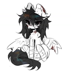 Size: 1440x1440 | Tagged: safe, artist:misty.mooon, derpibooru import, oc, oc only, oc:melatonin, pegasus, pony, bandage, blood, chest fluff, crying, ear fluff, ears, female, injured, mare, simple background, sitting, spread wings, white background, wings