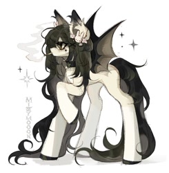 Size: 1440x1471 | Tagged: safe, artist:misty.mooon, derpibooru import, oc, oc only, oc:sage, bat pony, pony, choker, cigarette, ear fluff, ear piercing, earring, ears, female, jewelry, mare, piercing, smoking, solo, spread wings, wings