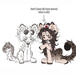 Size: 1131x1131 | Tagged: safe, artist:misty.mooon, derpibooru import, oc, oc:hakú, big cat, leopard, original species, pony, snow leopard, ><, blushing, collar, duo, ear fluff, ear piercing, earring, ears, eyes closed, floating heart, geto suguru, hat, heart, jewelry, jujutsu kaisen, kinsona, leopard pony, male, nurse hat, nurse outfit, piercing, satoru gojou, simple background, sitting, stallion, stitches, sunglasses, sunglasses on head, white background