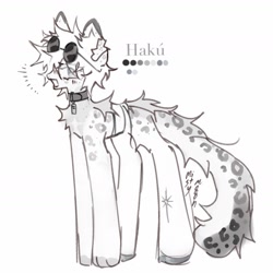 Size: 1431x1431 | Tagged: safe, artist:misty.mooon, derpibooru import, oc, oc:hakú, big cat, leopard, original species, pony, snow leopard, chest fluff, collar, jujutsu kaisen, kinsona, leopard pony, male, paws, reference sheet, satoru gojou, simple background, solo, stallion, sunglasses, sunglasses on head, white background