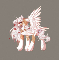 Size: 1280x1300 | Tagged: safe, artist:mistymoonqwq, derpibooru import, oc, oc only, pegasus, pony, chest fluff, deviantart watermark, female, flower, flower in hair, gray background, mare, obtrusive watermark, simple background, solo, spread wings, watermark, wings