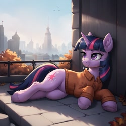 Size: 1024x1024 | Tagged: safe, ai content, derpibooru import, generator:pony diffusion v6 xl, generator:stable diffusion, machine learning generated, twilight sparkle, unicorn twilight, unicorn, g4, autumn, city, clothes, female, horn, lying, lying down, mare, on side, prompter:thelight3d, solo, tail, underhoof