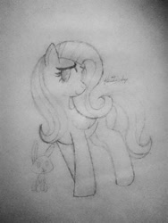 Size: 828x1103 | Tagged: safe, artist:carolinajt, derpibooru import, angel bunny, fluttershy, pegasus, rabbit, g4, angelbetes, animal, cute, drawing, duo, duo male and female, female, male, mare, monochrome, paper, shyabetes, sketch, traditional art