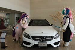 Size: 1200x800 | Tagged: safe, derpibooru import, princess cadance, princess celestia, 2017, butt wings, car, clothes, duo, fursuit, indoors, irl, photo, ponysuit, wings