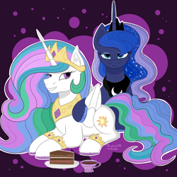 Size: 2100x2100 | Tagged: safe, derpibooru import, princess celestia, princess luna, alicorn, pony, g4, cake, cakelestia, crown, cup, duo, duo female, female, food, high res, jewelry, mare, regalia, teacup