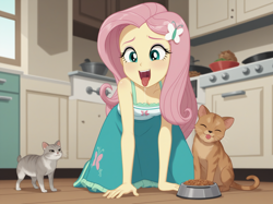 Size: 2144x1600 | Tagged: safe, ai content, derpibooru import, generator:stable diffusion, machine learning generated, fluttershy, cat, human, equestria girls, g4, bowl, drool, fetish, food, food fetish, kitchen, looking at you, prompter:kimberlite, tail