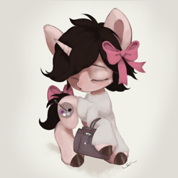 Size: 5500x5500 | Tagged: safe, artist:tuskonline, derpibooru import, oc, oc only, pony, unicorn, bag, bow, brown mane, brown tail, clothes, eyes closed, female, hair bow, handbag, hooves, horn, mare, ponysona, simple background, solo, sweater, tail