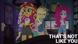 Size: 1280x720 | Tagged: safe, derpibooru import, edit, edited screencap, editor:quoterific, screencap, fluttershy, pinkie pie, rarity, spike, spike the regular dog, sunset shimmer, human, equestria girls, g4, legend of everfree, camp everfree outfits, dialogue, female, hand on hip