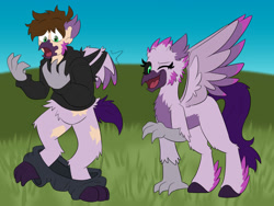 Size: 1200x900 | Tagged: oc name needed, safe, artist:detectivecoon, derpibooru import, oc, oc only, classical hippogriff, hippogriff, human, g4, black sclera, clothes, eye clipping through hair, grass, hippogriff oc, hoodie, human to classical hippogriff, human to hippogriff, male to female, one eye closed, open mouth, open smile, pants, rule 63, smiling, spread wings, torn clothes, transformation, transformation sequence, transgender transformation, wings, wink