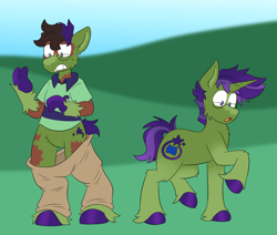 Size: 1238x1050 | Tagged: oc name needed, safe, artist:detectivecoon, derpibooru import, oc, oc only, human, pony, unicorn, g4, clothes, eye clipping through hair, glasses, horn, human to pony, pants, raised hoof, raised leg, shirt, shocked, shocked expression, species swap, transformation, transformation sequence, unicorn oc