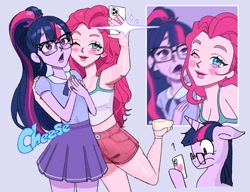 Size: 1678x1290 | Tagged: safe, artist:ridovax, derpibooru import, pinkie pie, twilight sparkle, human, pony, equestria girls, g4, duo, female, glasses, mare, self paradox, self ponidox, selfie