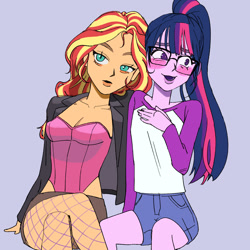 Size: 1608x1608 | Tagged: safe, artist:ridovax, derpibooru import, sunset shimmer, twilight sparkle, human, equestria girls, g4, blushing, breasts, cleavage, clothes, duo, female, fishnet clothing, fishnet stockings, glasses, jacket, lesbian, shipping, simple background, stockings, sunsetsparkle, thigh highs