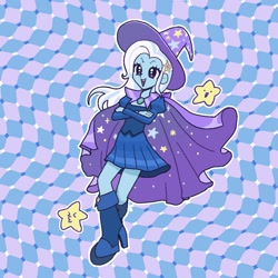 Size: 976x976 | Tagged: safe, artist:ridovax, derpibooru import, trixie, human, equestria girls, g4, cape, clothes, female, hat, modern art, optical illusion, patterned background, skirt, solo, witch hat