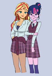 Size: 1702x2469 | Tagged: safe, artist:ridovax, derpibooru import, sci-twi, sunset shimmer, twilight sparkle, human, equestria girls, g4, clothes, crystal prep academy uniform, duo, female, glasses, gray background, lesbian, necktie, school tie, school uniform, schoolgirl, shipping, simple background, sunsetsparkle, uniform