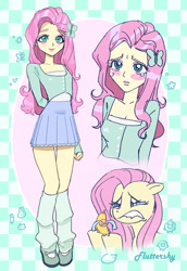 Size: 1757x2556 | Tagged: safe, artist:ridovax, derpibooru import, fluttershy, human, pegasus, pony, equestria girls, g4, abstract background, banana, blushing, crying, female, food, mare, self paradox, self ponidox, solo