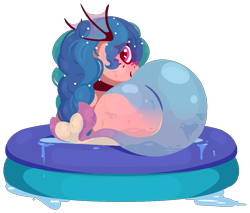 Size: 1069x912 | Tagged: safe, artist:rhythmpixel, derpibooru import, oc, oc only, oc:peachy splash, butt, female, fins, fish tail, lineless, looking at you, looking back, looking back at you, mare, plot, simple background, solo, swimming pool, tail, transparent background, wet