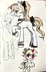 Size: 1770x2746 | Tagged: safe, artist:miukyhiedo, derpibooru import, oc, oc only, alicorn, bat pony, bat pony alicorn, earth pony, pony, bat wings, bow, choker, curved horn, fangs, female, hair bow, hoof shoes, horn, mare, red eyes, self paradox, self ponidox, solo, spiked choker, spiked wristband, tail, tail bow, traditional art, wings, wristband