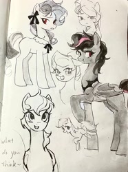 Size: 1894x2547 | Tagged: safe, artist:miukyhiedo, derpibooru import, oc, oc only, bat pony, earth pony, pony, bow, fangs, female, hair bow, mare, sketch, sketch dump, traditional art